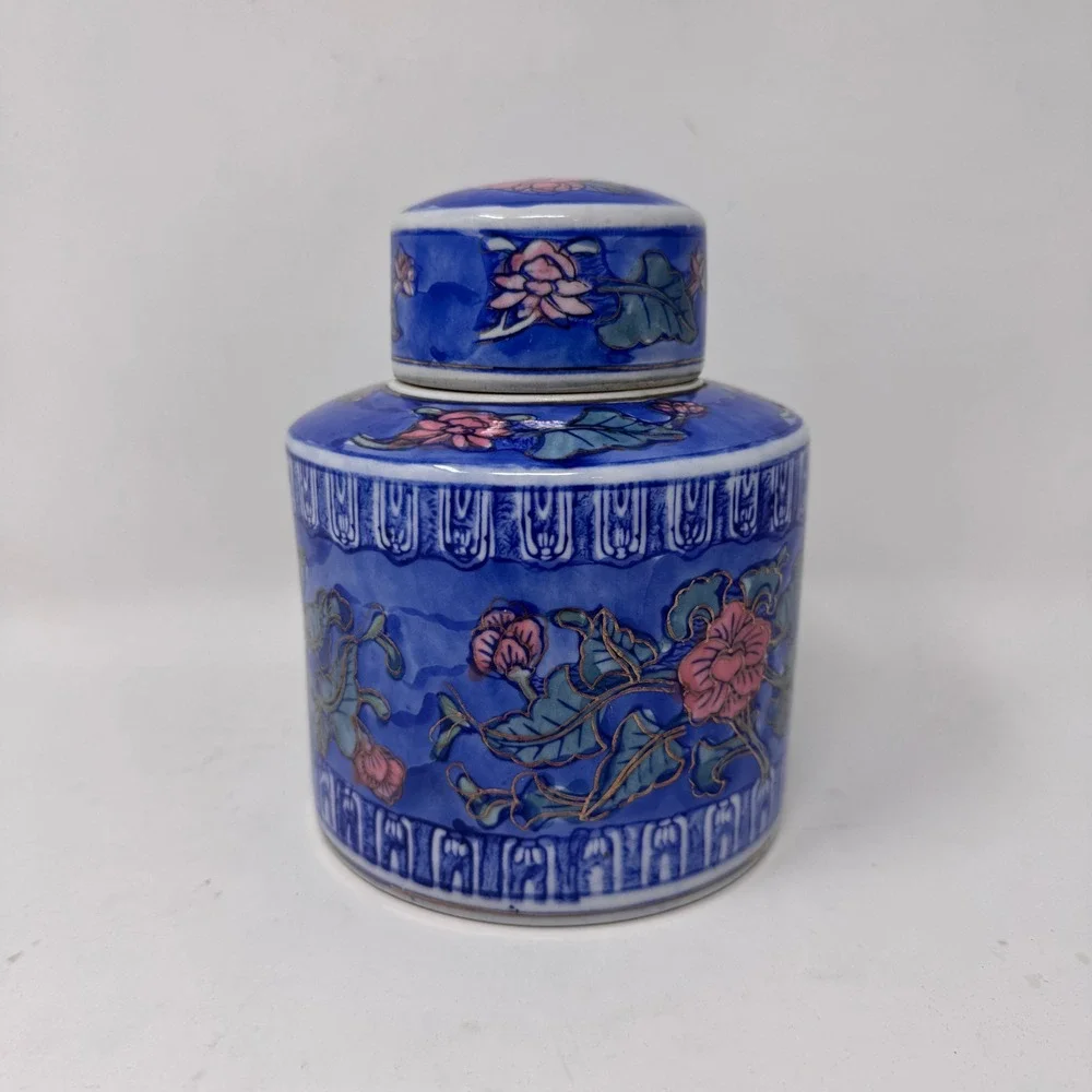 Vintage Blue Floral Ginger Jar Canister Chinoiserie Porcelain 6